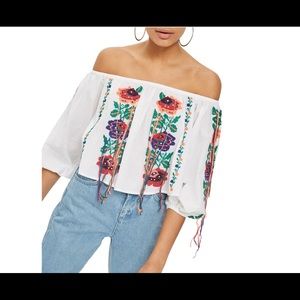 Topshop Tassel Embroidered Off The Shoulder Top